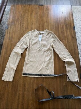 LOFT Beige Ribbed Henley Crewneck Sweater